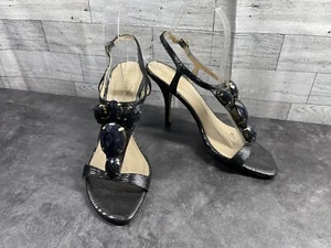 Kate Spade Sandals Women 8B Lydia Shoes Black Leather T-Strap Rhinestones Straps - Picture 1 of 18