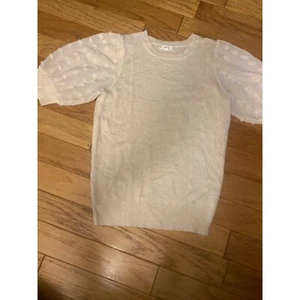 Mine Womens cream colored Knit Sweater With Sheer Polka Dot puff Sleeves size sm - Picture 1 of 9