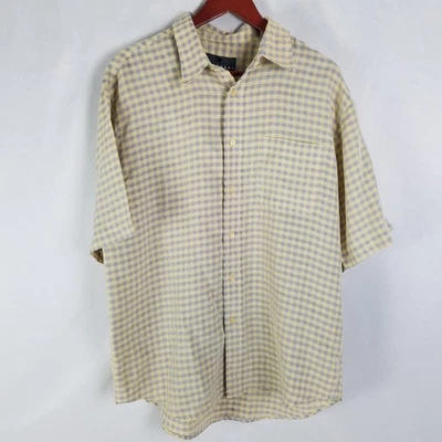 Consensus Mens Large Beige Blue Plaid Short Sleeve Button Up Shirt Pocket - Image 1 of 4