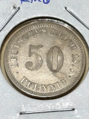GERMANY-EMPIRE 1876J 50 PFENNIG, KM6, XF, 0.900 SILVER, CAT: $35+, FREE USA SHIP - Image 1 of 4
