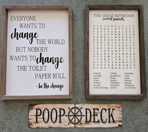 Bathroom Decor Wall Art Funny Word Search Wood Frame 3 Pieces - Picture 1 of 8