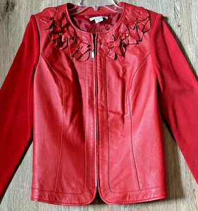Rote Peter Nygard 100% Leder & Strickärmel Jacke Blumen & Strass Gr. M - Bild 1 von 8