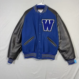 DeLong Varsity Letterman Jacket Mens Large Blue Black Wool Leather USA W Patch - Picture 1 of 15