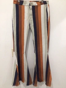 Hippie Streifen Jeans Hose Glockenboden braun orange hellbraun große Gesäßtaschen - Bild 1 von 4