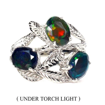 925 纯银戒指 椭圆形黑色蛋白石 8x6 毫米天然宝石首饰 尺寸 8.5 — 第 1/4 张图片