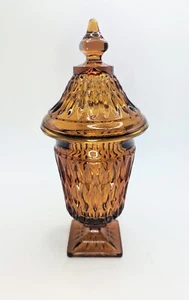 Vintage 10" Indiana Glass Candy Dish Pedestal Lidded Compote Amber Diamond Point - Picture 1 of 4