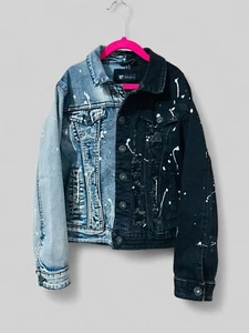 Y2K Waimea Kids Denim Jean Jacket Distressed Skater Grunge Splatter Thrashed M - Picture 1 of 9