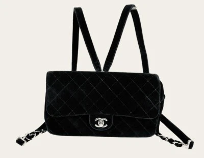 Mochila CHANEL Vintage Años 90 Acolchada Diamante Negro Terciopelo Foto 1 de 4