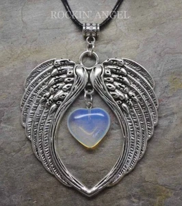 Large Antique Silver Pl Angel Wing Pendant & Opalite Heart Necklace Ladies Gift - Picture 1 of 2