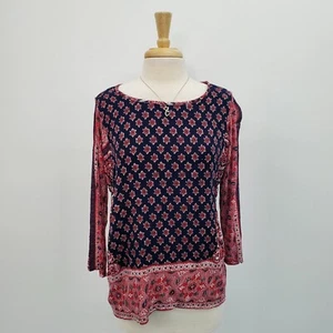 Lucky Brand Womens Floral Split Back Boho Top Blouse Size L Blue Red 3/4 Sleeve  - Picture 1 of 15