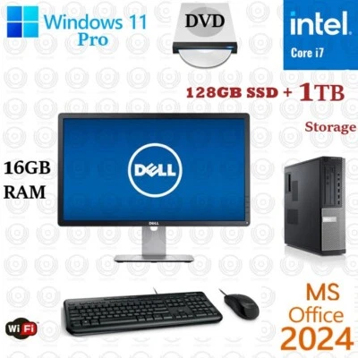 Windows 11 Dell i7 128GB SSD +1TB 16GB 22" LCD WiFi Desktop Computer PC Office24 - Image 1 of 2