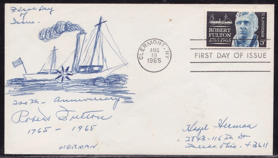 SCOTT 1270 ROBERT FULTON HERMAN HAND DRAWN FIRST DAY COVER FDC ** OFFERS ** - Image 1 of 1