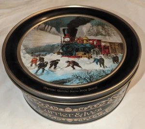 1996 Currier & Ives 10" American Railroad Scene / Snow Bound Train Cookie Tin  - Picture 1 of 9