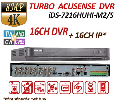 HIKVISION HIK 4K/8MP 16CH DVR AcuSense iDS-7216HUHI-M2/S 16CH HD-TVI +16CH IP H.265+