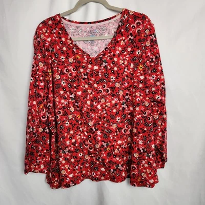 Croft & Barrow Red Floral V-Neck Long Sleeve Casual Plus Size Classic Tee 2X - Image 1 of 4
