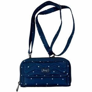 Lug Kickflip Travel Wallet Navy Polka Dot RFID Utility Convertible Crossbody 8" - Picture 1 of 12