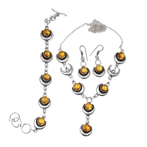 Citrine Quartz Gemstone Handmade Ethnic Jewelry Necklace Set 18-20'' - Picture 1 of 12