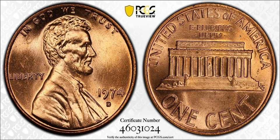 1974-D Lincoln Memorial Cent - PCGS MS66RD with Goldshield - Image 1 of 1