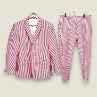 Traje de 2 piezas Alain Dupetit mezcla de algodón para hombre 38S delgado rojo blanco a rayas 32x24 Foto 1 de 4