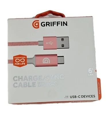 Genuine Griffin 1.8 m Braided USB to USB-C Cable for Apple Samsung Nokia Huawei - Image 1 of 4