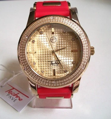 Reloj de Hip Hop de Moda Elegante Banda de Silicona Roja Acabado Dorado Techno Pave para Hombre Foto 1 de 4