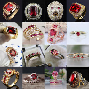 18K Gold Plated Red Crystal Rings for Women&Men Wedding Party Jewelry Xmas Gifts
