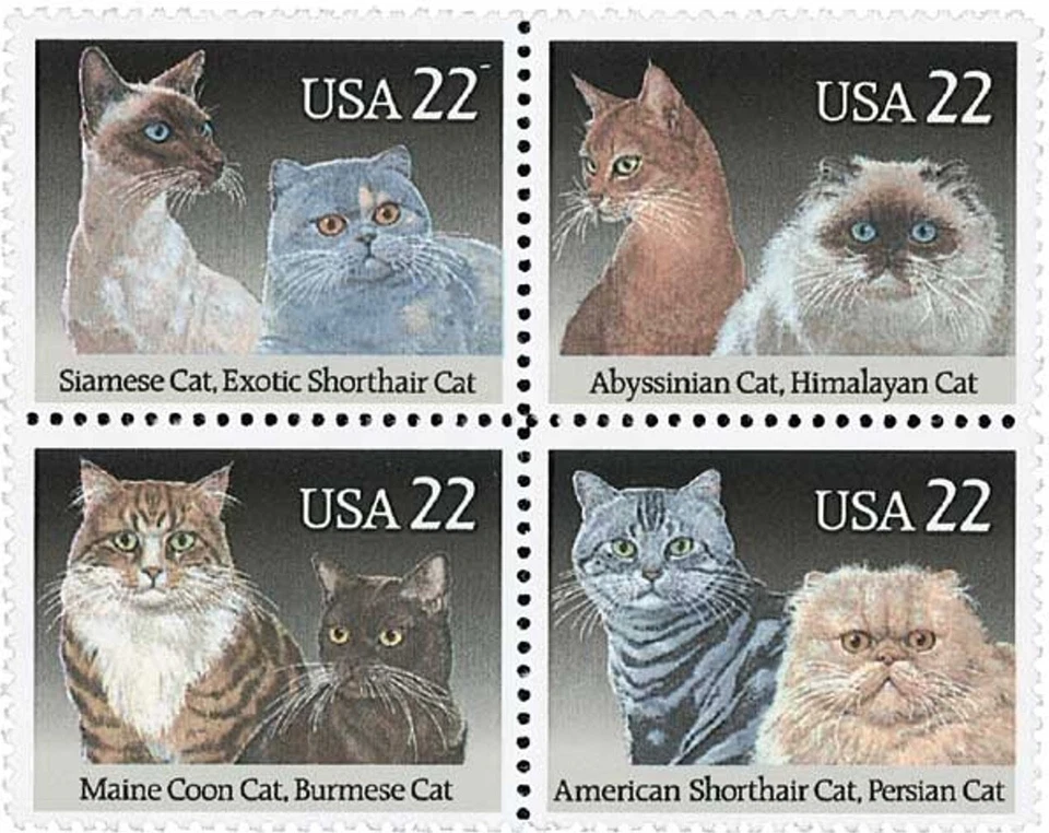 United States 22¢ Cat Breeds Postage Stamp #2372-75 x 100 singles - Image 1 of 1