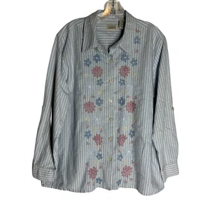 CLASSIC ELEMENTS Womens Button Shirt Size L Blue Striped Floral Embroidered - Picture 1 of 8
