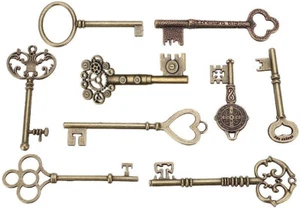 9X Antique Vintage Keys BIG Large old Brass Skeleton Lot Cabinet Barrel Lock - Picture 1 of 10