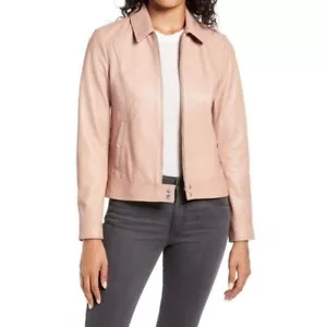 Cole Haan Smooth Lambskin Leather Zip Up Moto Jacket in Nude Size XL - Picture 1 of 7
