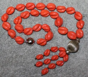 VINTAGE FAUX CORAL TWISTED BEADS NECKLACE TASSEL STERLING SILVER  - Picture 1 of 8