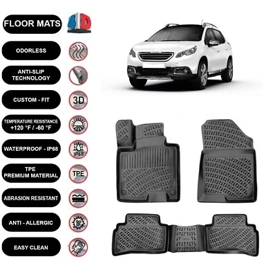 Floor Mats Liner Fits Peugeot 2008 2013-2019 Waterproof 4D Molded Black 4pcs - Imagem 1 de 3