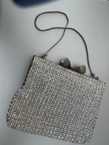 Vintage 1960's Silver Rhinestone Mesh Fabric Metal Frame Evening Bag Purse - Picture 1 of 10