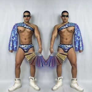 Men's Holographic Mirror Sequins Tassel Costume Set Rave Party Club Show Outfit