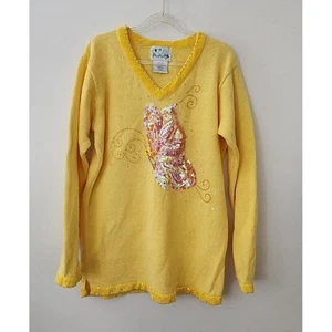 Quacker Factory Yellow Butterfly Embellished V-neck Sweater Sequins Festival - Picture 1 of 8