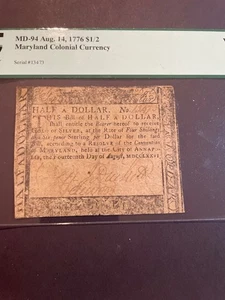Aug. 14th 1776 $1/2 Maryland Currency VF 25 - Picture 1 of 3