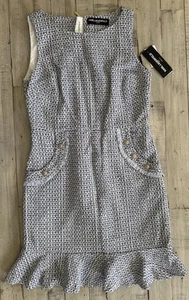 Nuevo con etiquetas Vestido Karl Lagerfeld Paris Tweed Cambio Bolsillos Volantes Azul Blanco Talla 8 - Imagen 1 de 9