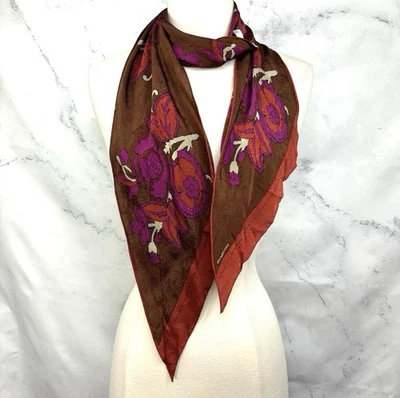 De Colección Años 90 Evan Picone Bufanda Abstracta Floral 100% Seda Corte Sesgado Cola de Caballo Marrón Foto 1 de 4