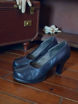 RARE Vtg 1940s 50s Black Leather Cuban Heel Tim Fred Pumps Old Hollywood 7.5-8 - Image 1 of 4