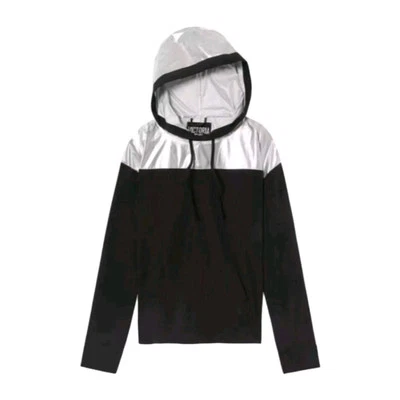 ¡NUEVO! Victoria's Secret Pullover Negro y Plateado Lámina Sudadera con Capucha Chaqueta Ligera L Foto 1 de 4