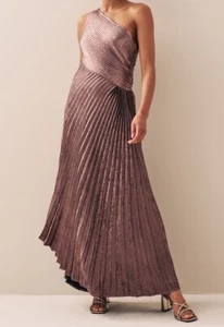 NEXT Bronze Metallic Pleated Asymmetric Maxi Dress Size UK 14 Tall New - Picture 1 of 11