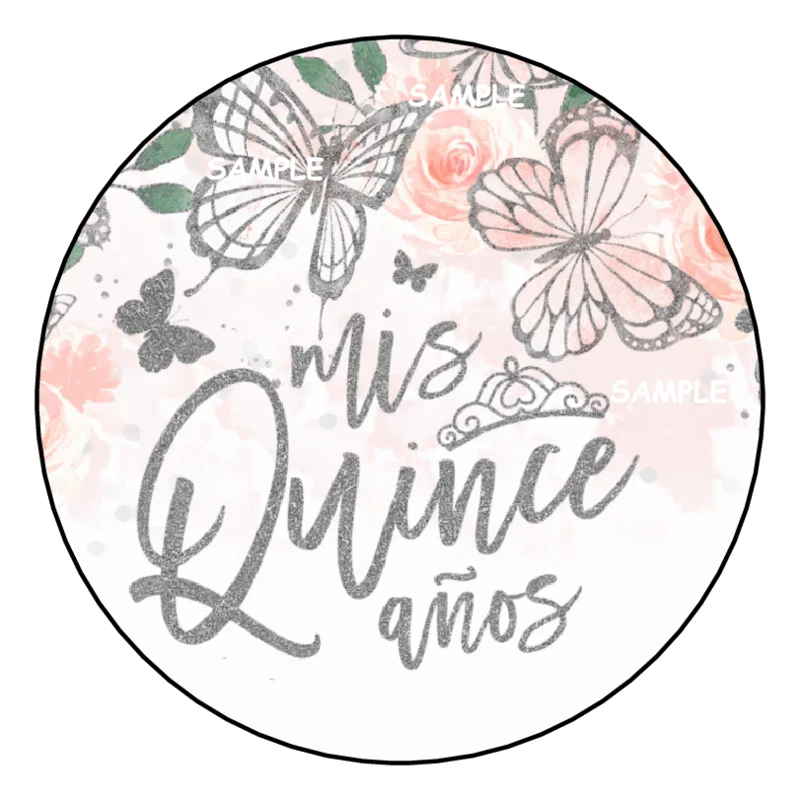 Mis Quince Anos Pegatinas Favores Etiquetas Etiquetas 2.5" Cumpleaños Mariposas Españolas Foto 1 de 1