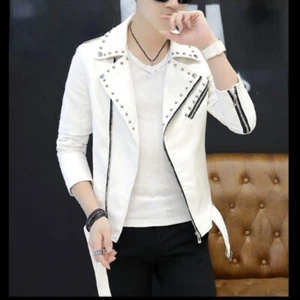 Men PU Faux Leather Rivet Biker Jacket Motorcycle Blazer Top Coat Slim Punk Club - Picture 1 of 15