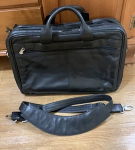 Black Leather Expandable Laptop Briefcase Bag - Picture 1 of 11
