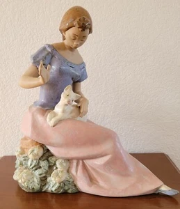 Vintage große NAO by Lladro Porzellan Figur REPOSE MÄDCHEN MIT KATZE AUF KNIE - Bild 1 von 10
