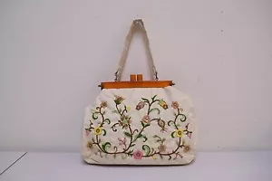 VTG Ivory Floral Handmade Crewel Stitched Embroidered Handbag w Bakelite Frame - Picture 1 of 6