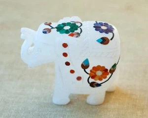 White Marble Elephant Inlay Gemstone Flowers Handmade Figurine 2” Tall - Picture 1 of 5