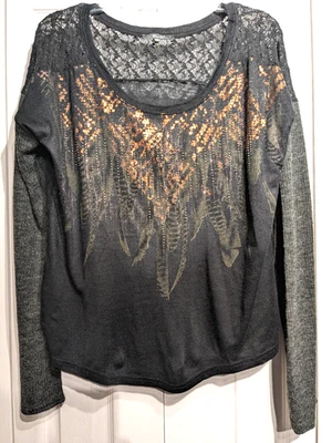 Suéter Miss Me Mujer L Negro Gris Lentejuelas Pluma Encaje Pullover Top Y2K Grunge Foto 1 de 4