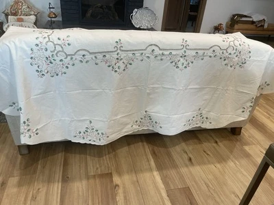 Holiday Table Cloth , Berries And Holly Leaves With cuts 96 “ X 64”  & 12 Red Na - Image 1 of 2