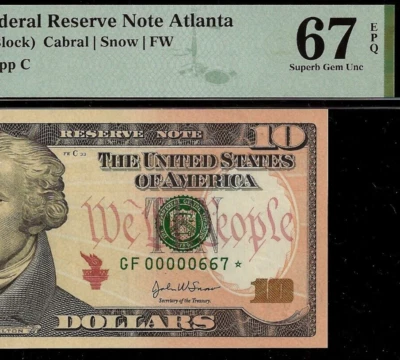 2004A $10 Federal Reserve Note Atlanta PMG 67EPQ 3rd finst low serial Fr 2039-F* - Image 1 of 3